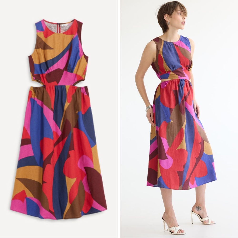 Sleeveless Linen cut out Midi Dress - multi summer print L